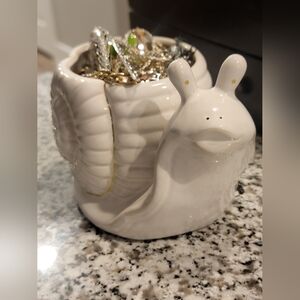 Mystery Jewelry Filled Gold And White Snail Jar/Planter